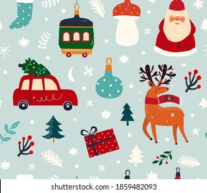 Christmas decorative seamless pattern with funny Santa Claus, vintage Christmas toys