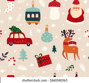 Christmas decorative seamless pattern with funny Santa Claus, vintage Christmas toys