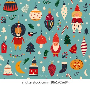 Christmas Decorative Seamless Pattern With Funny Santa Claus, Vintage Christmas Toys