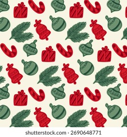 Navidades decorativas sin patrón con regalos, bastones de caramelo y campanas. Fondo de invierno festivo para envolver papel o tela. Vector.