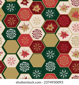 Christmas Decorative Seamless Pattern - Hexagons with Snowflakes, Poinsettias and Decor. Green, Red and Gold Festive Background.