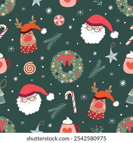 Christmas decorative seamless pattern with Santa, reindeer and winter wreath, seasonal background