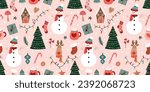 Christmas decorative seamless pattern, wallpaper, background with snowman, Christmas tree and seasonal Holidays elements, winter wrapping paper, vector