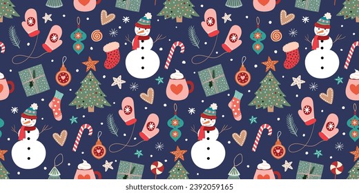 Weihnachtsdekoration, nahtloses Muster, Tapete, Hintergrund mit Schneemann und saisonale Feiertage-Elemente, Winterpackpapier, Vektorgrafik
