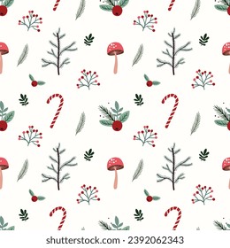 Christmas decorative seamless pattern, wallpaper, background with simple design, mushrooms and candies, seasonal Holidays elements, winter wrapping paper, vector