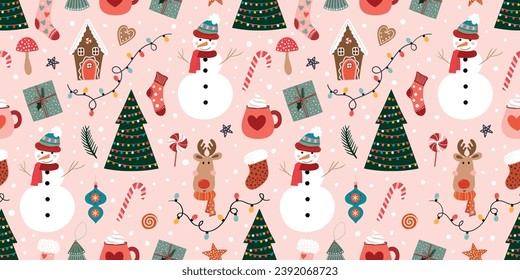 Christmas decorative seamless pattern, wallpaper, background with snowman, Christmas tree and seasonal Holidays elements, winter wrapping paper, vector