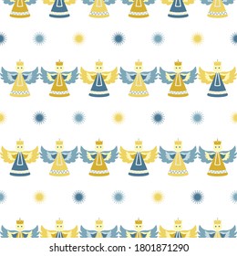 Weihnachtsdekorative Nahtlose Muster in Gelb und Blau mit Engel und Schneeflocken
