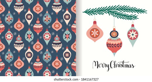 Christmas decorative set with seamless pattern and Christmas greeting card