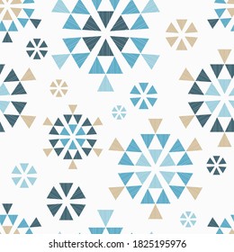 Christmas decorative snowflakes made of triangles. Seamless background. Boho style. Vector illustration for web design or print.