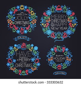 Christmas decorative symbols for winter holidays in flat and neon style, drawing by color lines on black background