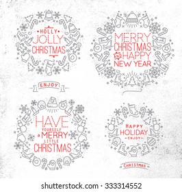 Christmas decorative symbols for winter holidays in flat style, drawing with grey and red lines on dirty paper