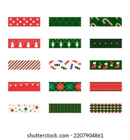 christmas decorative tape washi sticker strips for text decoration. Set of colorful patterned washi tape. Vector illustration