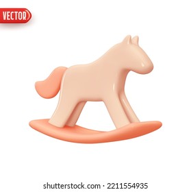 Christmas decorative toy wooden horse. Xmas decor pink wood rocking horse. Realistic 3d design element in cartoon style. Vector illustration