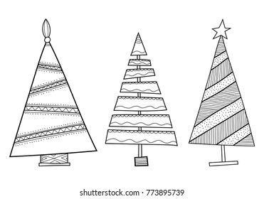 Christmas decorative trees. Black and white illustration for coloring book or page.