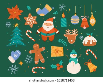 Christmas decorative vector collection, cute winter holiday ornaments, Christmas tree scrapbook elements, Santa Claus, cookies, baubles, snowman, bell, candle illustration in flat cartoon style