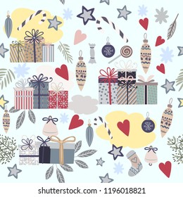 Christmas decorative vector pattern with gifts, baubles, fir tree, hearts and others. Rustic lovely style