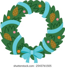 Christmas decorative wreath with blue ribbon, cones and bow. Cute winter holidays decoration