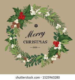 Christmas decorative wreath with winter red and white berries. Vector botanical illustration. Round frame with winter plants on a craft background.