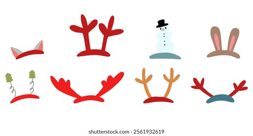 Christmas deer antlers and ears headband cartoon sticker illustration. New Year headband set. Mask for photo stock illustration isolated on white background.