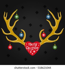 Christmas deer antlers, heart on black background with snowflakes