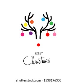 Christmas deer antlers. Postcard with a horns deer, balls and with a lettering of merry christmas. Antler christmas card template design.