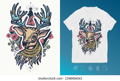 Christmas deer and art nouveau flowers. Print for t-shirts and another, trendy apparel design. Symbol of winter, new year 