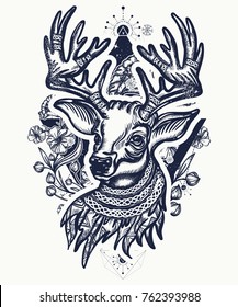 Christmas deer and art nouveau flowers tattoo and t-shirt design. Symbol of winter, new year 