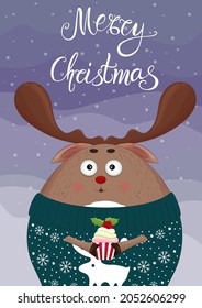 Christmas deer background. Funny reindeer wearing ugly sweater background. Cartoon Santa deer red nose eating cupcake. Merry Christmas and happy New Year greeting card template. Santa deer backdrop.