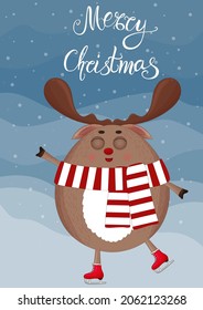 Christmas deer background. Funny reindeer skating. Cartoon Santa deer red nose relaxing. Merry Christmas and happy New Year greeting card template. Santa deer backdrop. Christmas animal wallpaper.