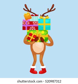 christmas deer with banner isolated, happy winter xmas holiday animal greeting card, santa helper reindeer vector illustration