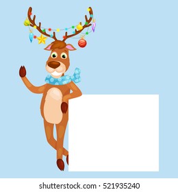 christmas deer with banner isolated, happy winter xmas holiday animal greeting card, santa helper reindeer vector illustration