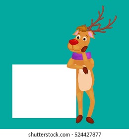 christmas deer with banner isolated, happy winter xmas holiday animal greeting card, santa helper reindeer vector illustration