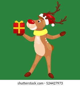 christmas deer with banner isolated, happy winter xmas holiday animal greeting card, santa helper reindeer vector illustration