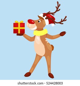 christmas deer with banner isolated, happy winter xmas holiday animal greeting card, santa helper reindeer vector illustration