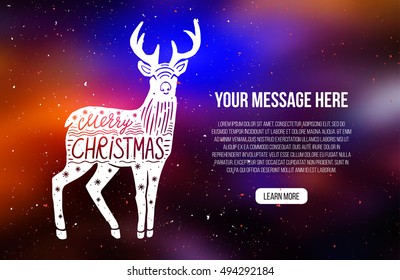 Christmas deer banner. Merry Christmas and Happy New Year. Hand drawn deer vector vintage illustration and lettering.