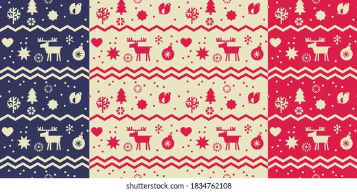 Christmas deer, birds, hearts and stars nordic seamless pattern for background, fabric, textile, wrap, surface, web and print design. Scandinavian winter vector geometric fabric 