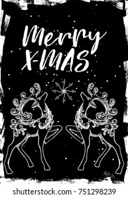 Christmas deer card, hand drawn style. Vintage Christmas elements, reindeer dancing and jumping in holiday mood with text calligraphy. Vector.