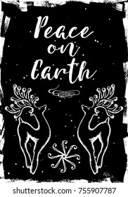 Christmas deer card, hand drawn style. Vintage Christmas elements, reindeer dancing and jumping in holiday mood with text calligraphy. Vector.