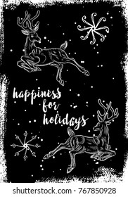 Christmas deer card, hand drawn style. Vintage Christmas elements, reindeer dancing and jumping in holiday mood with text calligraphy. Vector.