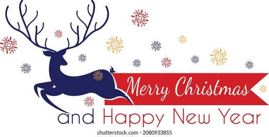 Diseño vectorial de tarjeta de venado de Navidad con cinta roja