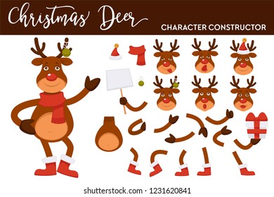 Christmas deer cartoon character constructor of Santa clothing hat, reindeer antler or hoof and body parts or New Year decoration vector icons for Christmas greeting card design