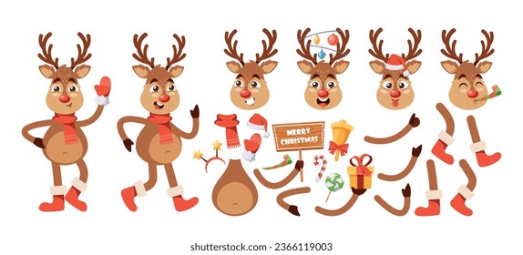 Christmas Deer Cartoon Character Constructor. Reindeer Body Parts, Sweets, Santa Hat, Gloves And Scarf, Vector