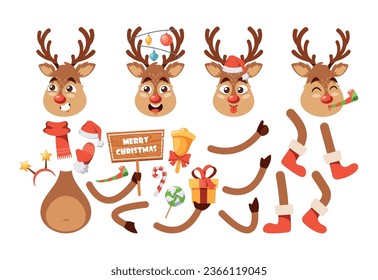 Constructor De Caracteres De Caricatura De Venado De Navidad. Piezas corporales de reno, Campana, Regalo, Dulces, Sombrero, Guantes y Scarf, Anteojos