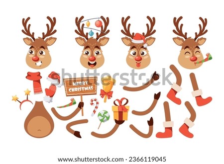Christmas Deer Cartoon Character Constructor. Reindeer Body Parts, Bell, Gift, Sweets, Hat, Gloves and Scarf, Antlers