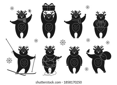 Christmas deer cartoon, different poses black glyph set. Wildlife New Year reindeer character silhouett collection. Deers red hat, with gift box, skis and santa bag or garland. Forest Christmas animal