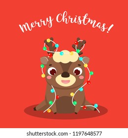 Christmas deer. Cartoon reindeer with new year lights garland and seasonal greetings text Merry Christmas. illustration for calendars, invitations and winter holidays design
