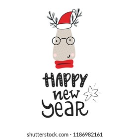 Christmas deer character in santa hat and handdrawn lettering. Kids New Year vector illustration.
