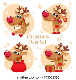 Christmas Deer Character Set. Merry Christmas! Cartoon Style Vector Illustration