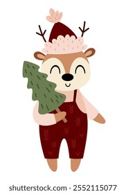Christmas deer clipart. Christmas animal clip art. Cute festive character. Hand draw vector illustration in flat style