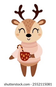 Christmas deer clipart. Christmas animal clip art. Cute festive character. Hand draw vector illustration in flat style